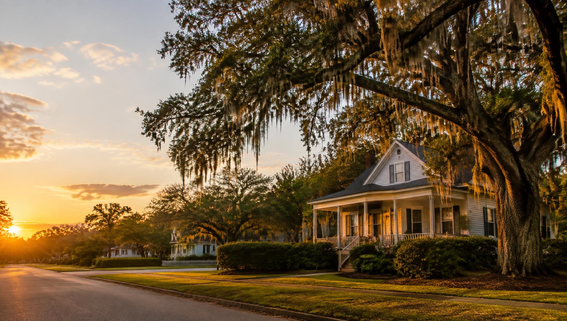 Georgia home with a front porch beneath live oaks at sunset